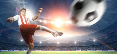 Hayali bir stadyumda dinamik futbol hareketi.