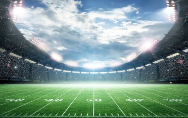 Geceleyin boş bir futbol stadyumuyla aydınlandı. Hayali bir Amerikan futbol stadyumu modellendi ve sahnelendi..
