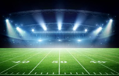 Geceleri boş bir sahada Amerikan Futbol Stadyumu 'nu aydınlatıyordu. Hayali Amerikan Futbol Stadyumu modellendi ve sahnelendi..