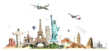 World travel and cultural heritage concept. Travel the world monument with blue sky on white background. clipart