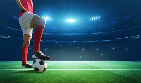 Football player in the stadium. An imaginary stadium is modelled and rendered.