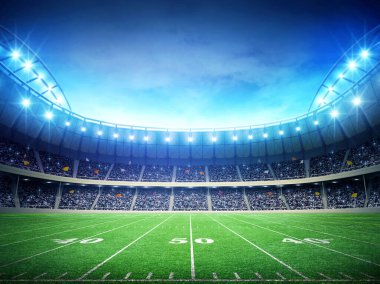 Bir stadyumda gece vakti aydınlatılmış Amerikan Futbol Sahası, 3D