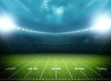 Bir stadyumda gece vakti aydınlatılmış Amerikan Futbol Sahası, 3D