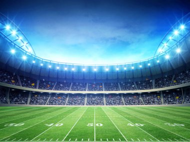Bir stadyumda gece vakti aydınlatılmış Amerikan Futbol Sahası, 3D