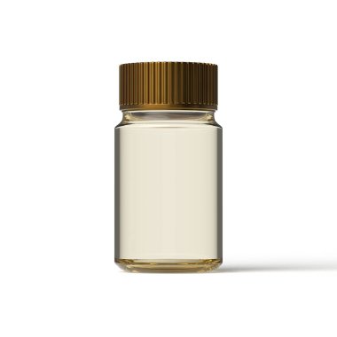 Beyaz zemin üzerinde cam şişe altın kap, 3D görüntüleme