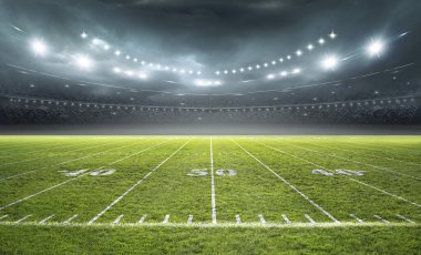 Bir stadyumda gece vakti aydınlatılmış Amerikan Futbol Sahası, 3D