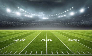 Bir stadyumda gece vakti aydınlatılmış Amerikan Futbol Sahası, 3D