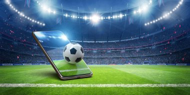 Hayali stadyumdaki mobil cihazda futbol deneyimi.