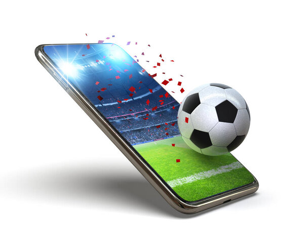 Immersive soccer experience on mobile device, 3d rendering.