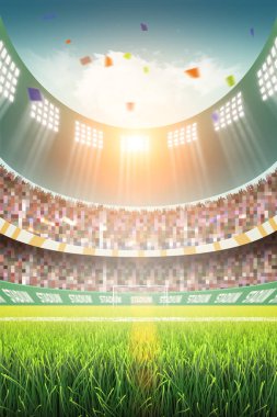 Animasyon futbol stadyumu, güneş ışığı ve kalabalık, 3D.