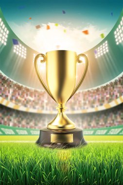 Stadyum Çimen Sahasında Altın Kupa Kutlama Atmosferi, 3D