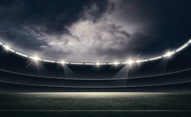 Aydınlatılmış futbol sahası ve Fırtınalı Gökyüzü ile Dramatik Gece Stadyumu, 3D