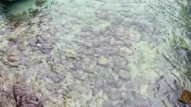 Denizin yüzeyinde berrak dalgalar vardır ve su altındaki kayaları görebilirsiniz..