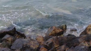 Kıyı boyunca kayalar alçak gelgit sırasında açıkça görülebilir..