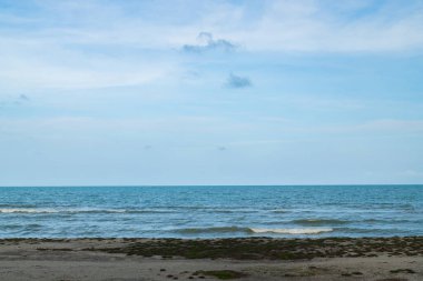 Mavi denizi ve gökyüzü olan güneşli sahil