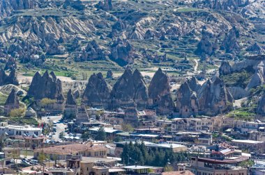 Türkiye 'nin Kapadokya kentindeki doğal manzara üzerine hava manzarası.