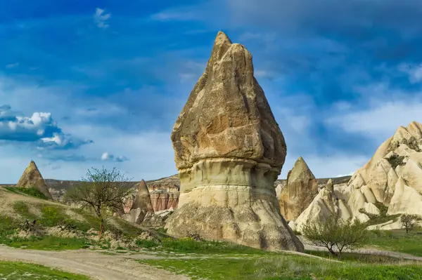 Tipik Kapadokya manzarası yumuşak volkanik kaya, Türkiye 'nin Goreme kentindeki erozyonla şekilleniyor.