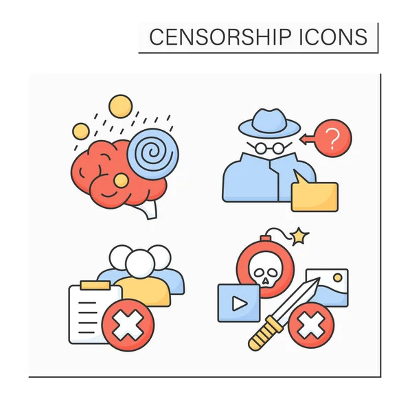 stock vector Censorship color icons set. Brainwash, anonymous, blacklist, extremist content. Society concept. Isolated vector illustrations