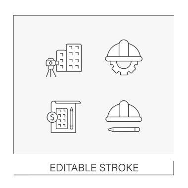 İnşaat şirketi çizgisi simgeleri ayarlandı. Vinç çekiliyor. Proje ve işlemler yapılıyor. İnşaat endüstrisi kavramları. İzole vektör çizimleri. Düzenlenebilir vuruş