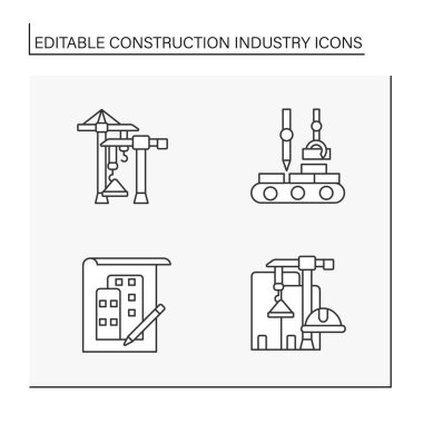 İnşaat endüstrisi çizgisi simgeleri ayarlandı. Bina malzemeleri, evler üretimi. İş kavramları. İzole vektör çizimleri. Düzenlenebilir vuruş