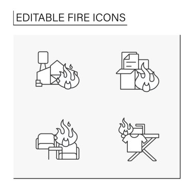  Ateş hattı simgeleri ayarlandı. Doğa koruma alanı yanıyor. Yanan binalar, ulaşım ve ev eşyaları. Felaket kavramları. İzole vektör çizimleri. Düzenlenebilir vuruş