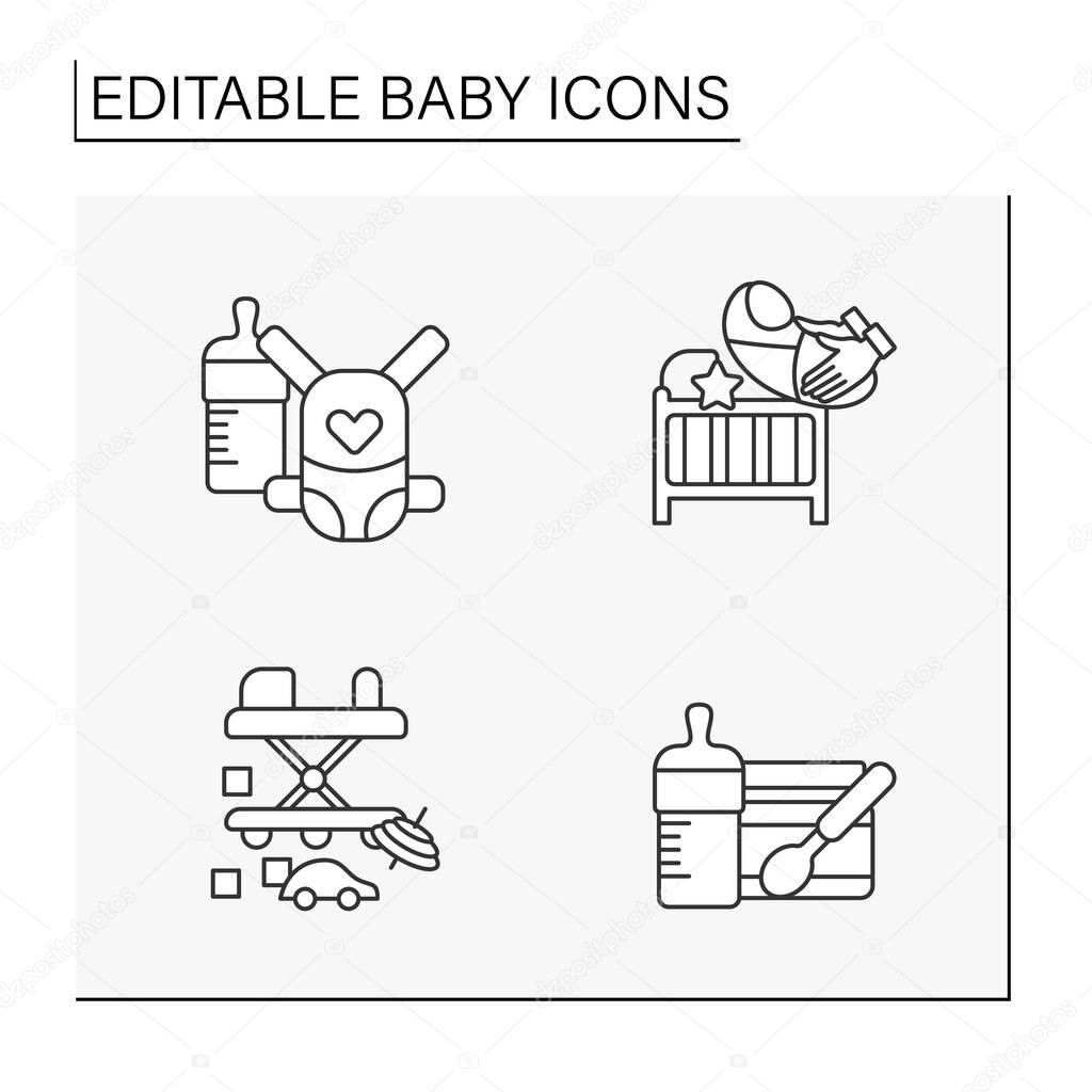 Baby line icons set. Baby products.Things for dream,comfort and care .Childhood concepts. Isolated vector illustrations. Editable stroke