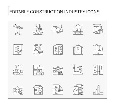 İnşaat endüstrisi çizgisi simgeleri ayarlandı. Bina malzemeleri, evler üretimi. İş kavramları. İzole vektör çizimleri. Düzenlenebilir vuruş