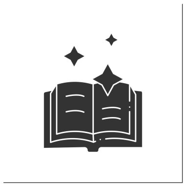  Heceleme kitabı sembolü. Büyücülük için büyüler içeren eski bir kitap. Sihirli sanatlar konsepti. Düz tabela ile dolu. İzole edilmiş siluet vektör çizimi