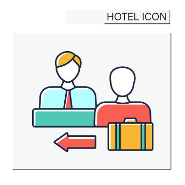 Renk simgesine bak. Oturma odası ve servis parasını ödedikten sonra otel lobisini terk et. Masraflar hesaplar ve hesaplar ödeme. Otel konsepti. İzole vektör illüstrasyonu