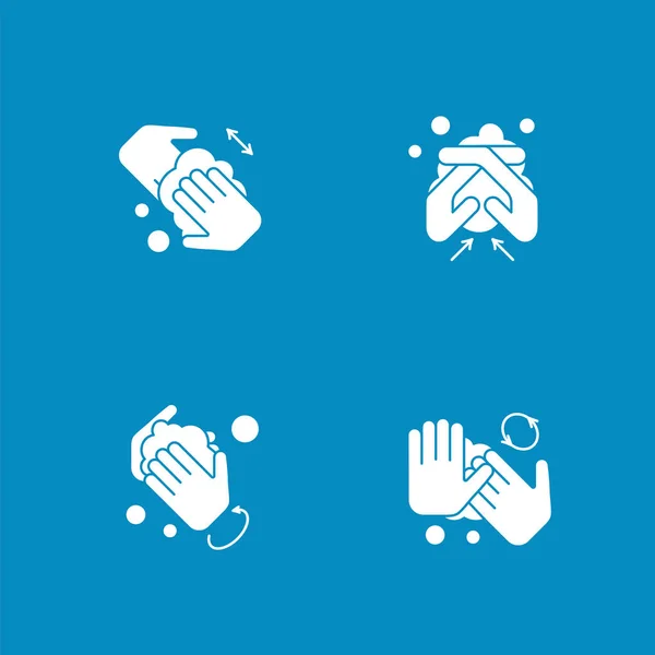手洗浄グリフアイコンセット 手のひらを洗浄するためのルール 消毒だ 衛生コンセプトフラットの標識を入力します 独立したシルエットベクトルイラスト — ストックベクタ