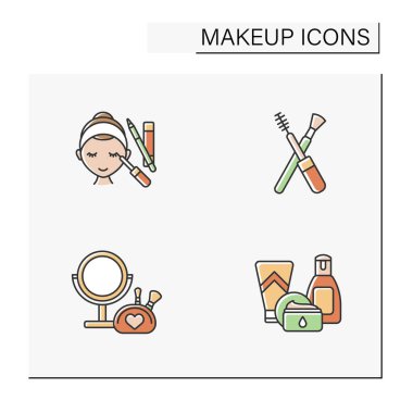 Makeup color icons set. Trendy makeup for eyes. Makeup kit, cream, remover and serum. Skin care. Cosmetology concept. Isolated vector illustrations