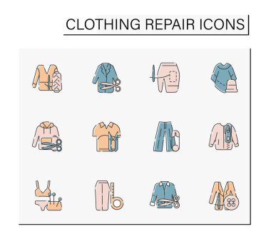 Clothing repair color icons set. Correct and trim length. Fashion concept. Isolated vector illustrations