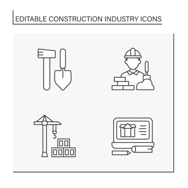 İnşaat endüstrisi çizgisi simgeleri ayarlandı. Bina malzemeleri, evler üretimi. İş kavramları. İzole vektör çizimleri. Düzenlenebilir vuruş