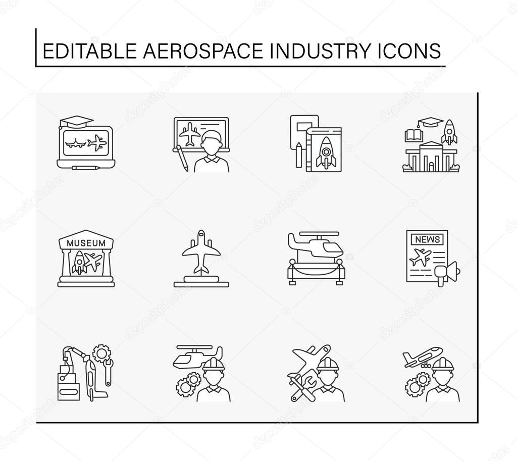 Aerospace industry line icons set. Helicopter, rocket and plane designing. Aircraft concepts. Isolated vector illustrations. Editable stroke