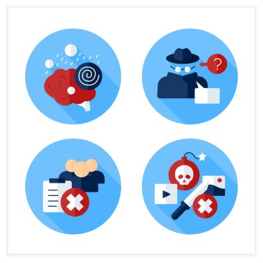 Sansür yassı simgeleri ayarlandı. Beyin yıkama, anonim, kara liste, radikal içerik. Toplum konsepti 3d vektör çizimleri