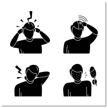 Baş ağrısı simgeleri ayarlandı. Kafa ve boyun ağrısının tıbbi örnekleri, acele. Hızlı sağlık sorunu tanısı konsepti. Düz tabelalar doldurulmuş. İzole edilmiş siluet vektör çizimleri