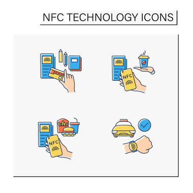 NFC teknoloji renk simgeleri ayarlandı. Kredi kartı, kahve, fast food ve ofis malzemeleri için akıllı saat. Temassız ödeme konsepti. İzole vektör çizimleri