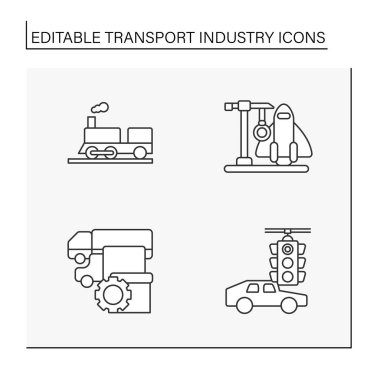  Transport industry line icons set. Public transport. Transportation of goods, people and cargoes. Movement concepts. Isolate vector illustrations. Editable stroke