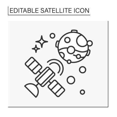  Galaksi çizgisi simgesi. Gezegenin yörüngesinde yapay bir cisim var. Küresel konumlama sistemi. Uydu konsepti. İzole vektör çizimi. Düzenlenebilir vuruş