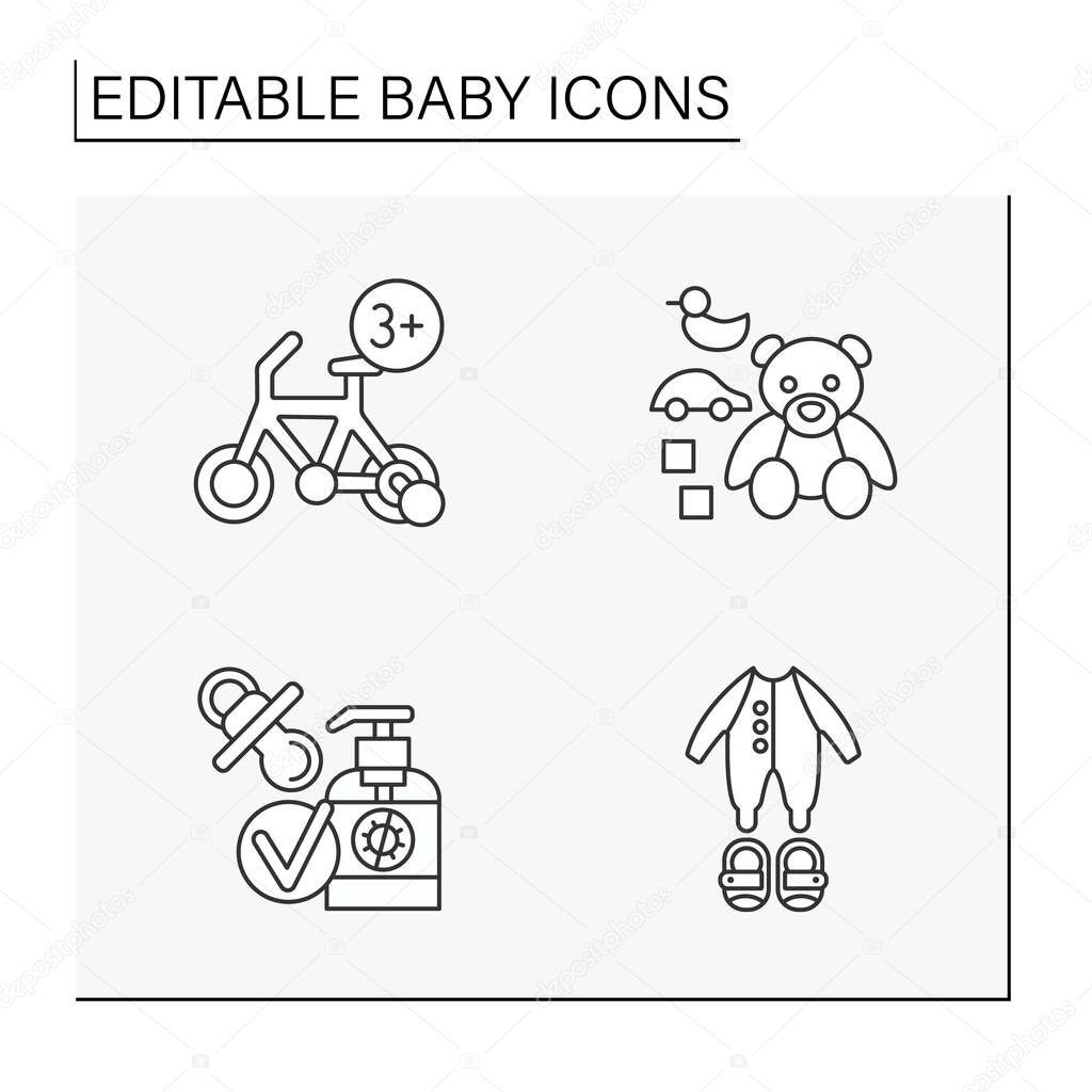 Baby line icons set. Baby products.Things for dream,comfort and care .Childhood concepts. Isolated vector illustrations. Editable stroke