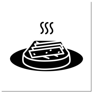 Tofu tostu kabartma simgesi. Tabakta soya peynirli taze ekmek. Vejetaryen sandviçi. Ev yapımı tarif. Düz tabela. İzole edilmiş siluet vektör çizimi