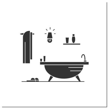 Modern banyo kabartma ikonu. Şık bir banyo ve dekor öğeleri. Evin içini ve mobilyaları. Battaniye evi kavramı. Düz tabela doldurulmuş. İzole edilmiş siluet vektör çizimi