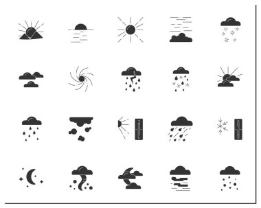 Hava kabartma simgeleri ayarlandı. Farklı doğal fenomenler. Meteoroloji konsepti. Düz tabelalar. İzole edilmiş siluet vektör çizimleri