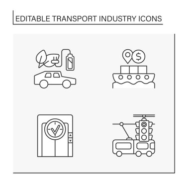  Transport industry line icons set. Public transport. Transportation of goods, people and cargoes. Movement concepts. Isolate vector illustrations. Editable stroke