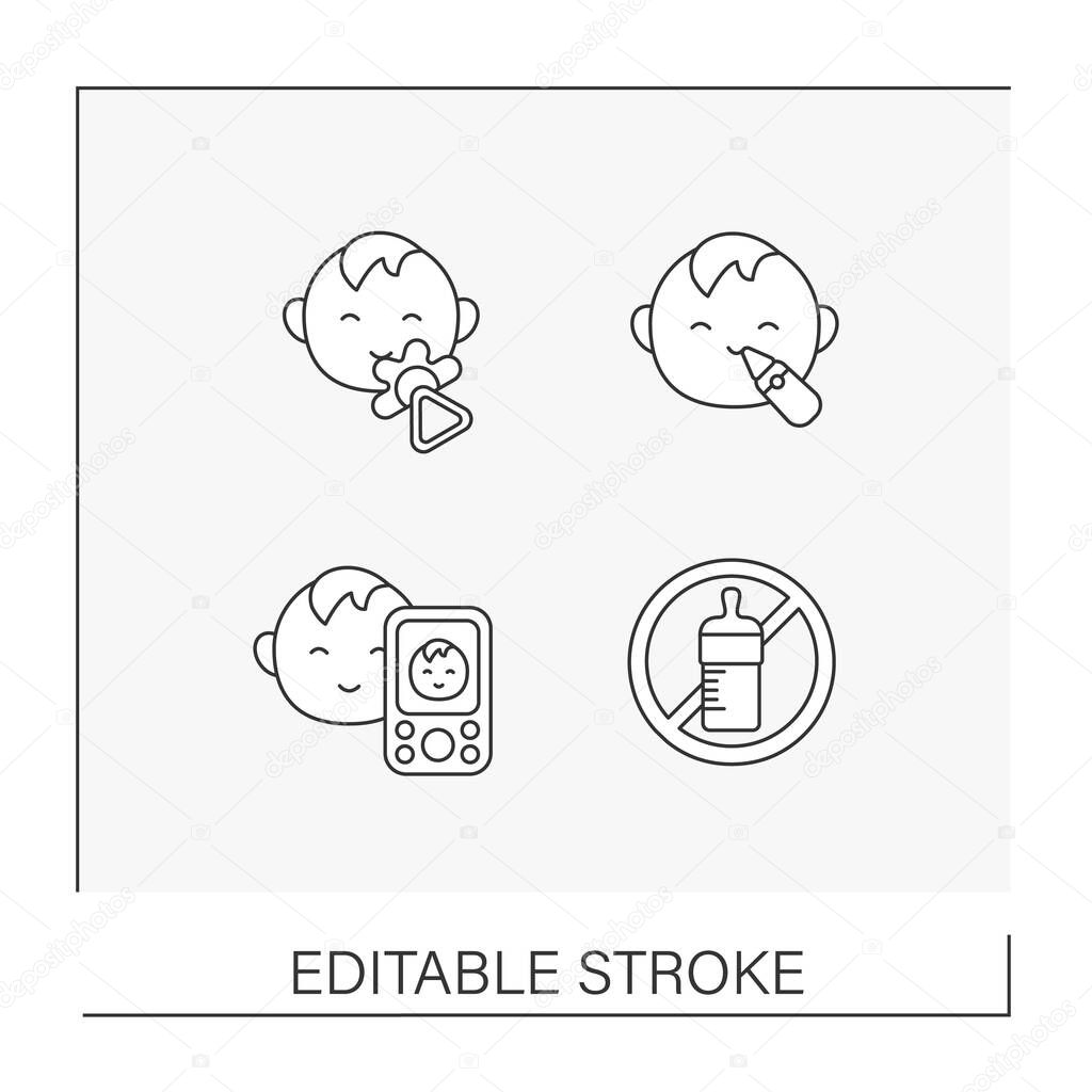 Baby line icons set. Baby products. Treatment, toys and present for kids. Childhood concepts. Isolated vector illustrations. Editable stroke