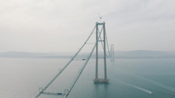 Aerial View 1915 Canakkale Bridge Construction Footage Turkey — Stockvideo