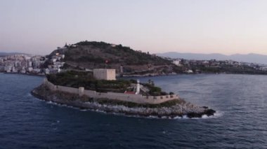 Pigeon Island with. Kusadasi harbor. Aegean coast of Turkey. High quality 4k footage