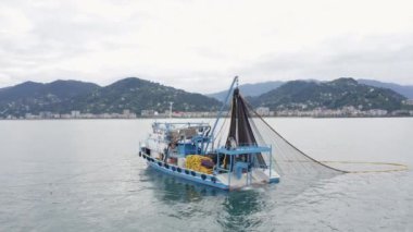 Aerial view of Fishing boat on Black Sea in Rize. 4K Footage in Turkey