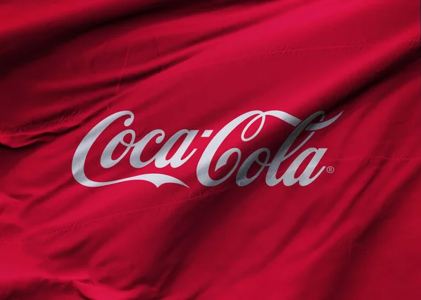 Valencia Spanien Mars 2023 Viftande Flagga Coca Cola Logotyp Högupplöst — Stockfoto