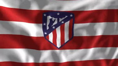 Madrid, İspanya - 4 Haziran 2025: Club Atletico de Madrid armalı bayrak ağır çekimde sallanıyor. Gerçekçi 3D animasyon, kusursuz bir şekilde dönüyor..